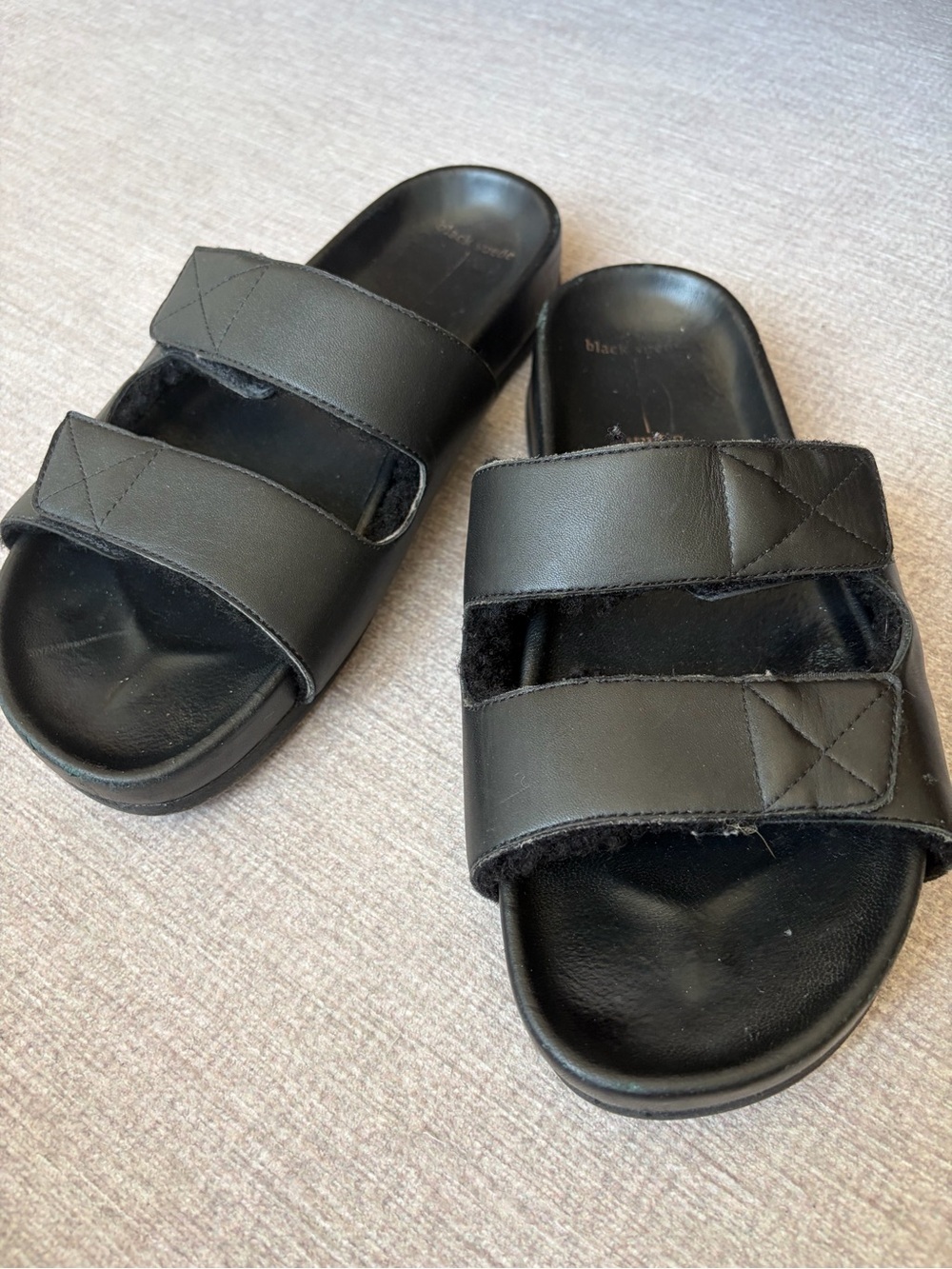 Black Suede Studio Black Shearling and Leather Slide Mules, 38